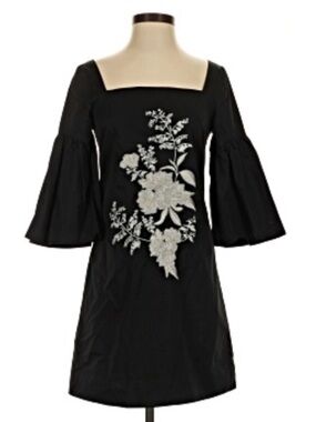 Mestiza New York XS Black Square-Neck Mini Dress with White Floral Embroidery